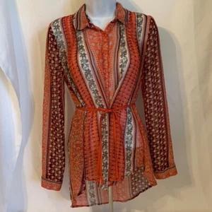 Free People Woman’s Size XS Sheer Long Sleeve Top Button Front Pattern Blouse - Picture 1 of 11