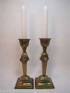 LIONS HEAD Brass Pair Decorative Arts Candlesticks Fluted 4 Sided Candle Holders - Bild 1 von 12