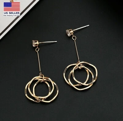 Women Simple Crystal Earrings Hollow 3D Geometric Circle Tassel Ins Style 0495 - Image 1 of 4