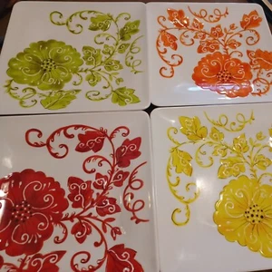 Laurie Gates Square Floral Flower Melamine Salad Plate 9 1/4" Set of 4  - Picture 1 of 6