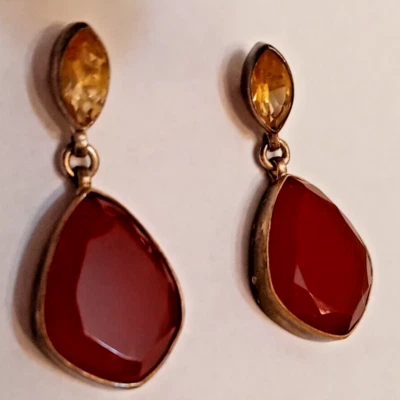 Red Onyx & Citrine Gem Stone Pure Silver-Plated Brass Earrings - Image 1 of 3