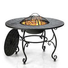 Outdoor 35.5" Fire Pit Dining Table Charcoal Wood Burning W/ Cooking Bbq Grate