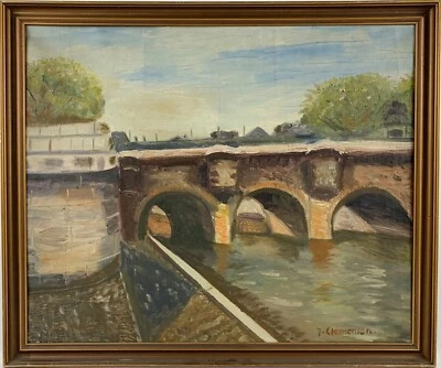 Quadro a Olio Riva Del Fiume Con Ponte J.Clemensen Barca Dei Firmato Danimarca - Bild 1 von 4