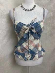 Rugby Ralph Lauren Plaid 100% Linen Tank Top Size 0 Y2K Ruffle Corset Style - Picture 1 of 7