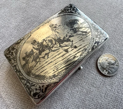 Estuche de cigarrillos Niello de plata rusa grande muy fino 19C Troyka KH 3 3/4" BONITO Foto 1 de 4