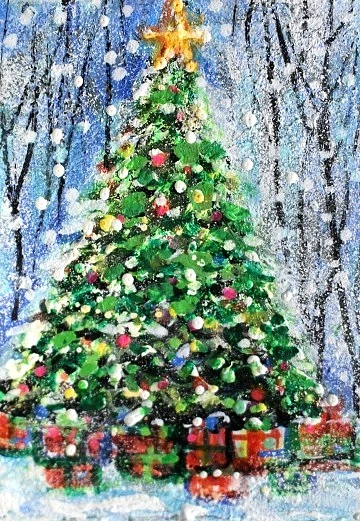 ACEO Original Painting XMAS TREE Landscape Winter Gifts Snow Holiday ATC ART - Image 1 of 1