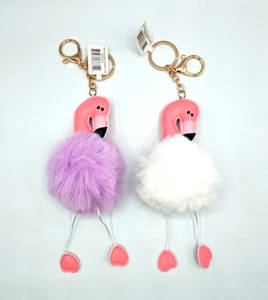 2 Pack PomPom Ball Fluffy Faux Fur Flamingo 🦩 Keychain Key Holder Pendant Cute - Picture 1 of 3
