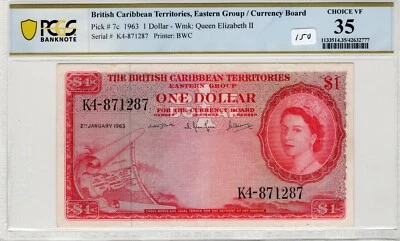 British Caribbean Territories 1963 1 Dollar PCGS Banknote Certified VF 35 7c - Image 1 of 2