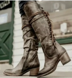 Freebird Steven COAL Tall Knee High Lace Engineer Rustic Brown Leather Boots 7 - Picture 1 of 12