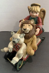 Vtg 1994 House of Hatten Large Angel Lion & Lamb Sled Folk Art Peaceable Kingdom - Foto 1 di 13