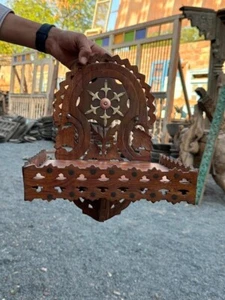 Antique Old Wooden Hand Carved Beautiful Jali Cut Brass Work Wall Hanging Temple - Picture 1 of 14