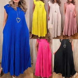 Damas Verano Playa Bolsillo Vestido Fiesta Vacaciones Plisado Sin Mangas Maxi Reino Unido - Imagen 1 de 13