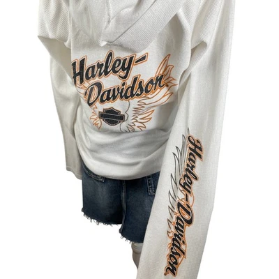Y2K Harley Davidson Thermal Hoodie Henley Womens Large White 2000s Babydoll - Image 1 of 4