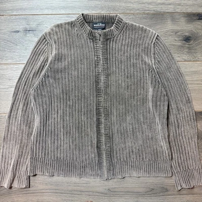 Cárdigan Woolrich Acanalado Cremallera Completa Suéter Taupe Imitación Gamuza Codo Parches Talla XL Foto 1 de 4