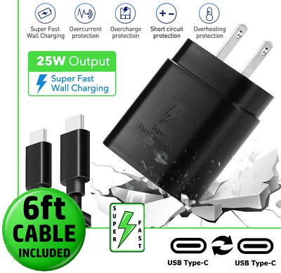 25w Type USB-C Super Fast Wall Charger+6FT Cable FOR Samsung Galaxy S24 S23 S22 - Image 1 of 4