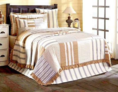 Reversible Hand-Quilted King Ruffled Patchwork Quilt Gray Tan Stripe Check Grace - Image 1 of 4