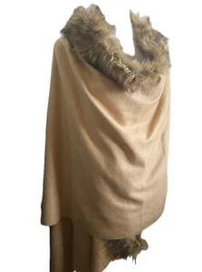 Sky Cashmere Virgin Wool Beige Fringe Faux Fur Large Shawl Scarf - Picture 1 of 8