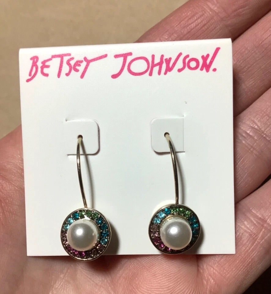 Betsey Johnson Imitation Pearl & Rainbow Crystal Halo Drop Earrings M60
