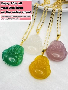 Jade Smiling Buddha Pendant Charm Necklace W/ 18K Gold Plated Chain Handmade - Picture 1 of 26