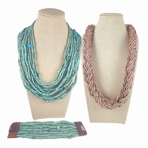 Womens Necklace Set 2pc New Beaded Gemstone Bracelet Lot Boho Chunky Necklaces - Picture 1 of 6