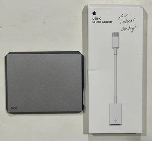 LACIE 1 TB EXTERNAL SILVER MINI HARD DRIVE-#LRDOTUA & APPLE USB-C TO USB ADAPTER - Picture 1 of 8
