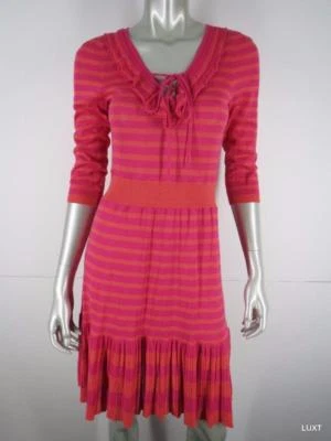 Vestido Nanette Lepore a Rayas Talla S Tejido Rosa Naranja Volantes Manga 3/4 Ajuste Acampanado Foto 1 de 4