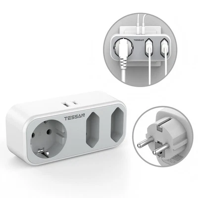 TESSAN 3 Fach Steckdosenadapter 2 USB 3600W Doppelsteckdose Ladegerät Phone Grau