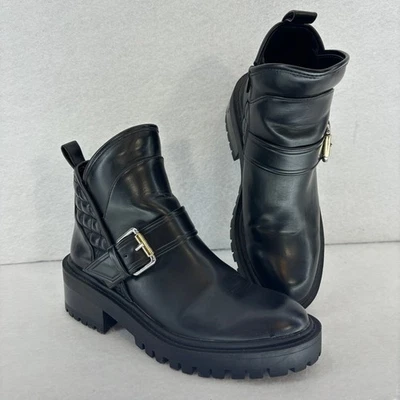 Zara Black Combat Boots size 39 / 8.5 Ankle Buckle Quilted Moto Biker - Image 1 of 4