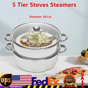 5 Tier Stainless Steel Steamer Cooker Steam Pot Kitchen Food Cooking + Glass lid - Picture 1 of 7