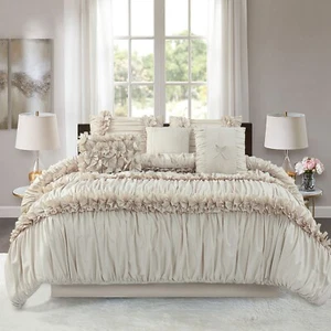 HIG 7 Piece Ruched Pleat Comforter Set White Romantic Bed in a Bag - King/Queen - Picture 1 of 24