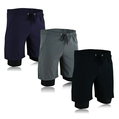 Mens Soft Sports Running 2 in 1 Shorts Gym Training Fitness Bottoms With Pockets - Image 1 of 4