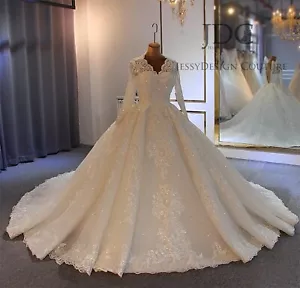 Kirchliches Brautkleid Hochzeit Perlen Spitze lange Schleppe Langarm n.Maß 32-60 - Bild 1 von 6