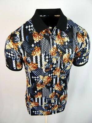 Mens Polo Shirt Black Designer Floral Prints Gold Foil Overlay Slim Fit Stretch - Image 1 of 4