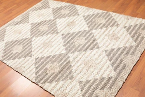5'4" x 7'6" Handmade Geometric print Wool Loop Pile Area Rug Contemporary Beige - Picture 1 of 5