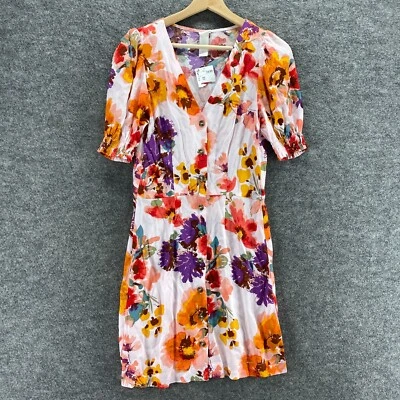 New H&M Dress Women 2XS White Floral Sheath Midi V-Neck Short Sleeve Casual - Image 1 of 4