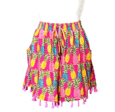 Simply Southern Womens Pink Pineapple Shorts L/XL Fringe Tassel Pull On Tropical - Image 1 of 4
