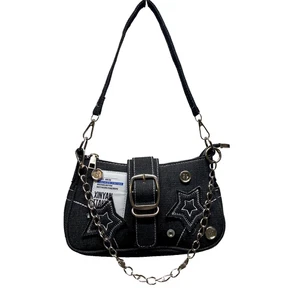 Bolso de Hombro Y2K Star Denim Retro Negro Axila Tela Cartera Empalme Cadena Nuevo - Imagen 1 de 15