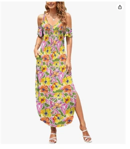 HUSKARY Women's Maxi Short Sleeve Dress Large V Neck Cold Shoulder Flowers - Picture 1 of 6