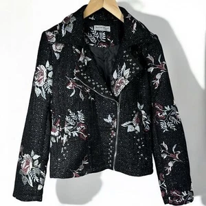 Bagatelle Moto Jacket Women’s M Black Tweed Floral Embroidered Studded Zip Front - Picture 1 of 13