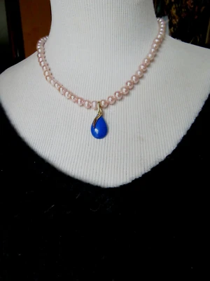 Solid 14K Yellow Gold Real Lapis Lazuli Enhancer -Pendant Pearl Beaded Necklace  - Image 1 of 4