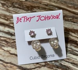 Betsey Johnson Jewelry Gold Earrings Pink Crystal Pave Skeleton Earrings - Picture 1 of 8