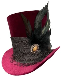 Tall Velvet Wine Top Wine Red Burgundy Gold Feathered Steampunk Wedding Topper - Picture 1 of 6