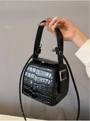Black Mini Buckle Detail Snap Button Bucket Bag Crocodile Texture Cube Bag - Image 1 of 4
