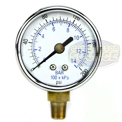 1/8" NPT Air Compressor Lower Mount Pressure Gauge 0-200 PSI Side Mount 2" Face - Image 1 of 4