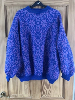 Plus Size Vintage 1980’s Hand Knitted Patterned Pure Wool Jumper blue purple XXL - Image 1 of 4
