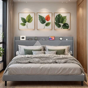 Linen King Size Platform Bed Frame w/ Wingback Charging Upholstered Headboard - Picture 1 of 12