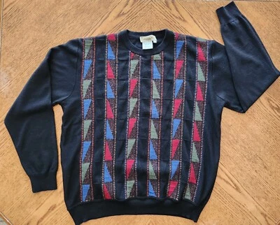 Montechiaro Black Multi Color Pullover Sweater Italy Merino Wool Blend Size L - Image 1 of 4