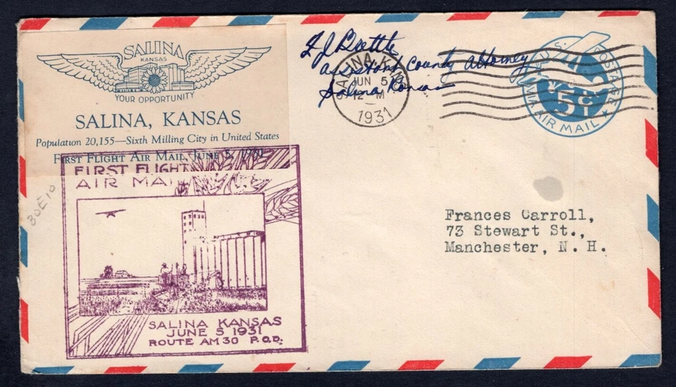 USA 1931 First Flight Cover Salina Kansas. Advertising Label / Cinderella - Image 1 of 2