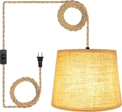 HURYEE Hanging Lights with Plug in Cord, 15Ft Pendant Lamp Lights Cord Linen Shade