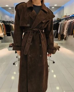 Women's Brown suede Trench Length Coat Real Lambskin Long Coat , Brown coat - Picture 1 of 4